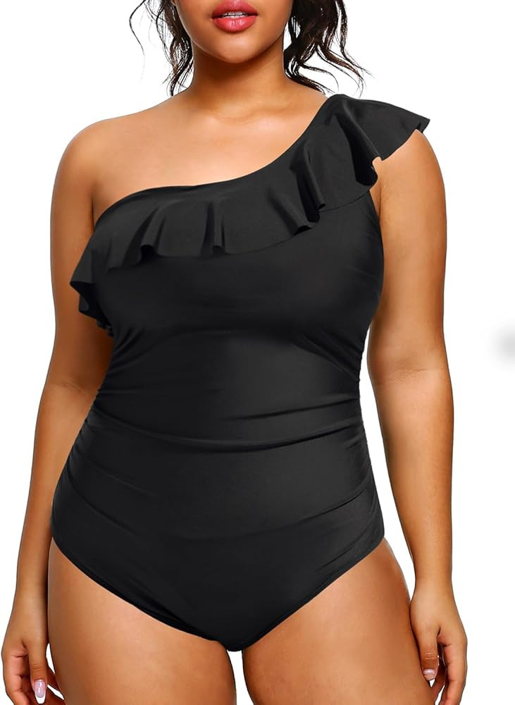 Aqua Eve Plus Size Bathing Suits for Women One Piece Swimsuits One Shoulder Ruffle Tummy Control ... | Amazon (US)