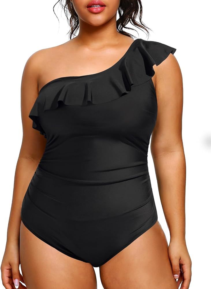 Aqua Eve Plus Size Bathing Suits for Women One Piece Swimsuits One Shoulder Ruffle Tummy Control ... | Amazon (US)