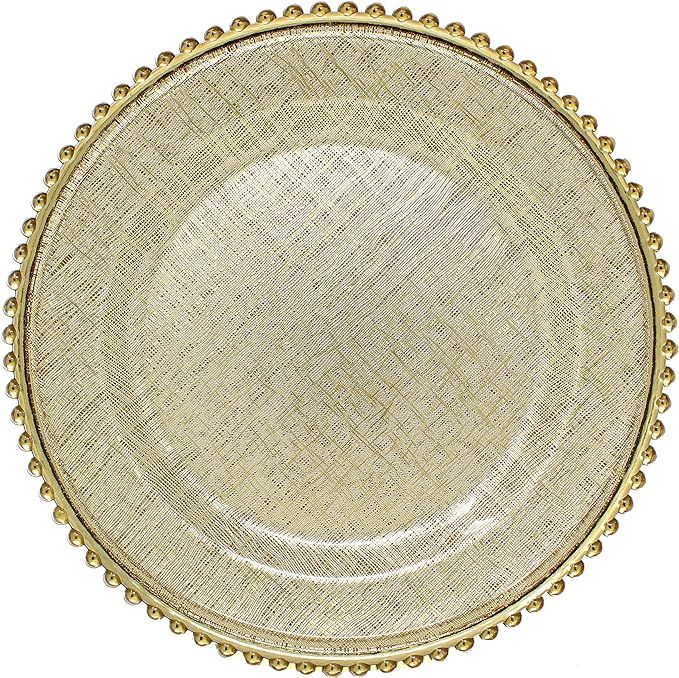 Cross-stitch Pattern Glass Charger 13 Inch Dinner Plate With Beaded Rim - Set of 4 - Gold | Amazon (US)