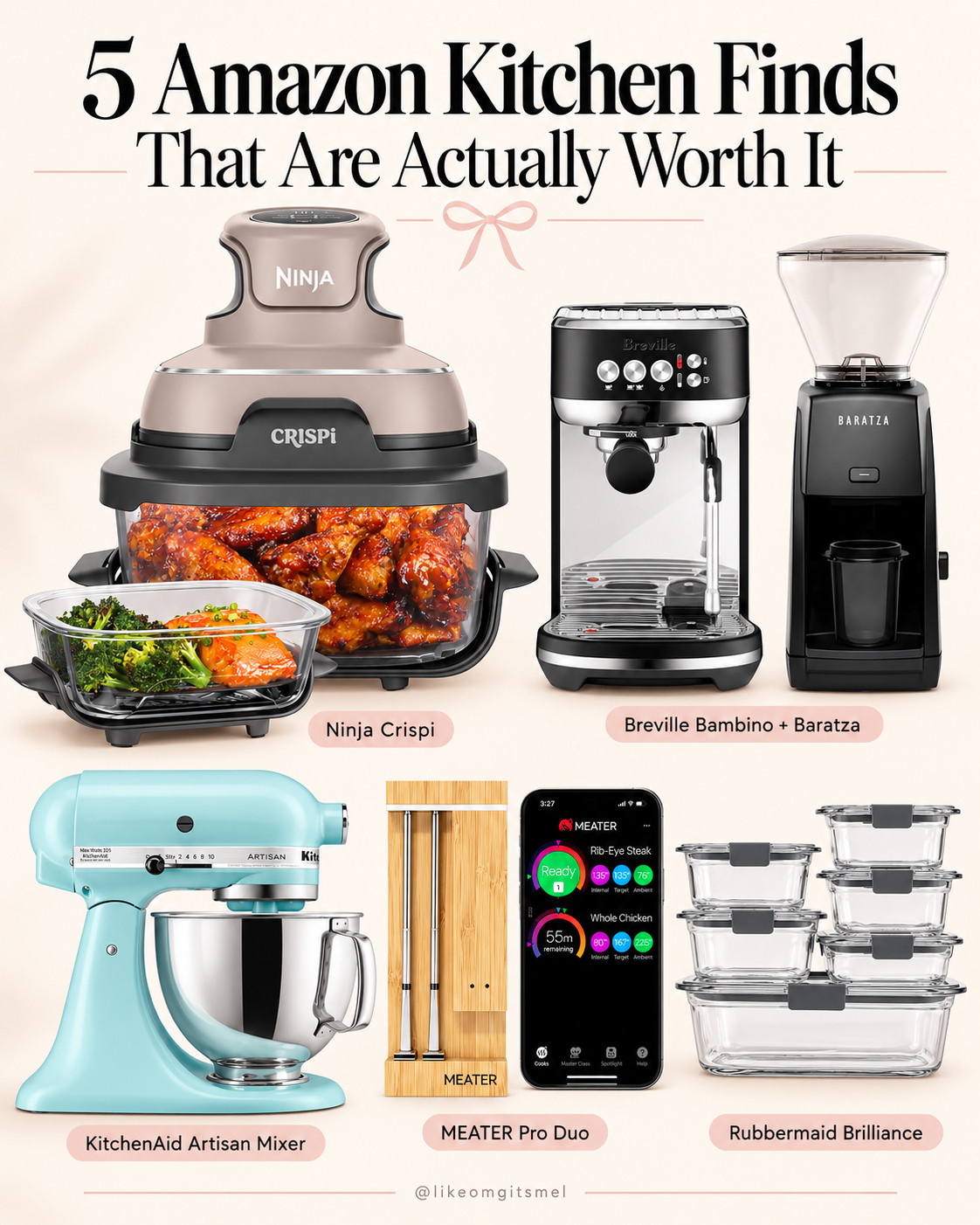 Kitchen upgrades that are actually worth the counter space. 🤍✨ 

These are the Amazon kitchen finds I’d put on a wishlist for easier cooking, better coffee, meal prep + everyday organization—especially the pricier pieces that are worth watching for a good deal.

5 Amazon Kitchen Finds Worth It:
- 🍗 Ninja Crispi — compact air-frying system for crispy meals, reheating + easy everyday cooking
- ☕ @Breville Bambino + Baratza Grinder — an at-home espresso setup for lattes, cappuccinos + better morning coffee
- 🩵 KitchenAid Artisan Stand Mixer — the classic baking staple for cookies, breads, cakes + so much more
- 🥩 MEATER Pro Duo — smart wireless meat thermometer for monitoring two proteins or temperatures at once
- 🥡 Rubbermaid Brilliance Food Storage — stackable containers for meal prep, leftovers + a more organized fridge

It’s the mix of kitchen gadgets, small appliances, coffee essentials + meal-prep favorites that makes this list so good—things you can genuinely work into your everyday routine instead of forgetting about in a cabinet. 👏

📌 Save this for Amazon kitchen must-haves, kitchen upgrades + home cooking essentials.

Everything is Linked! ↓

#LTKHome #LTKSaleAlert #LTKTravel