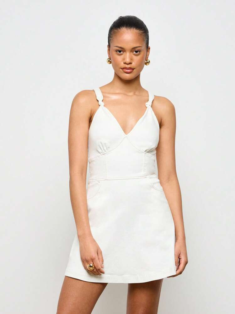 AiiRZ Knot Strap Mini Denim Dress Sleeveless A-Line Summer Dress With Empire Waist Detail Versatile Day To Night Fashion | SHEIN