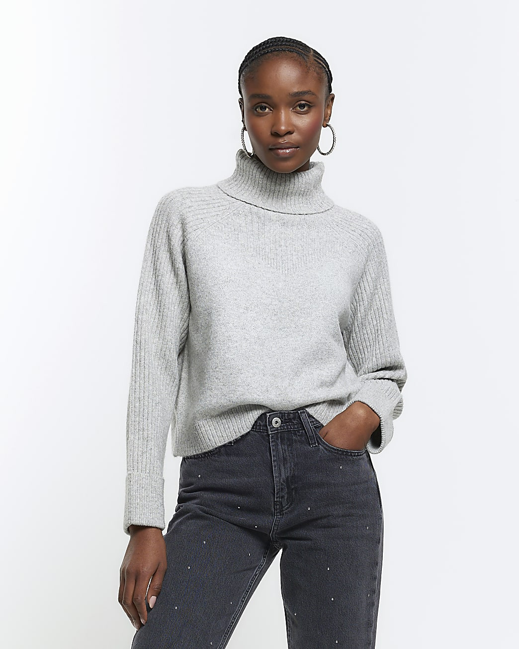 Grey metallic rib roll neck jumper | River Island (UK & IE)