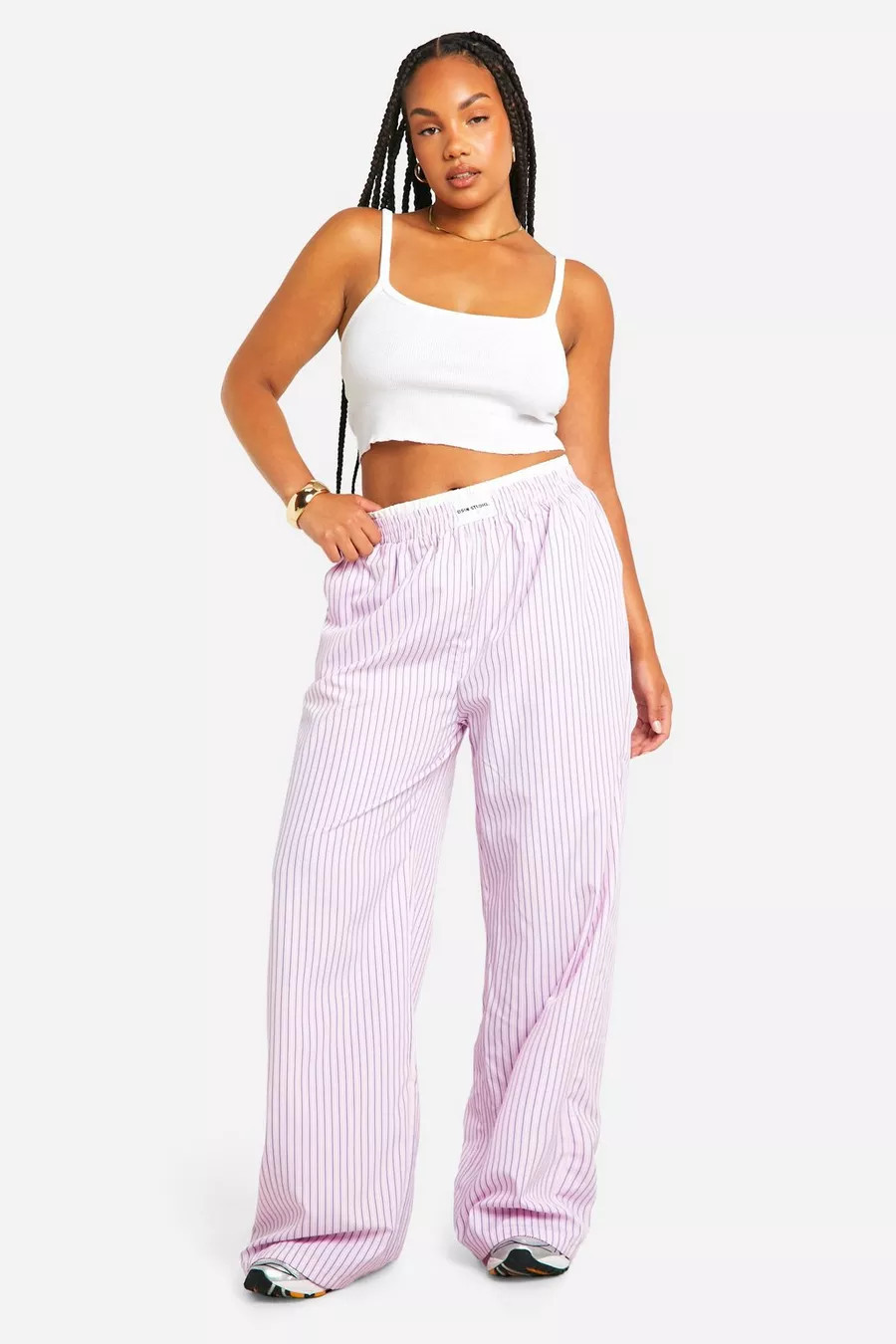 Plus Contrast Waistband Stripe Wide Leg Trouser | Boohoo.com (UK & IE)