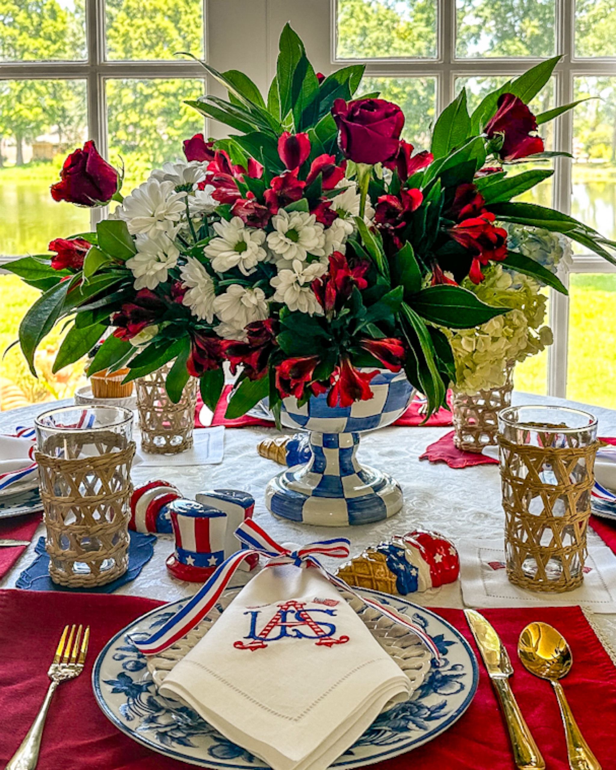 Patriotic Tablescape, Fourth of July, Mackenzie Childs, royal check collection, centerpiecee

#LTKHome #LTKParties