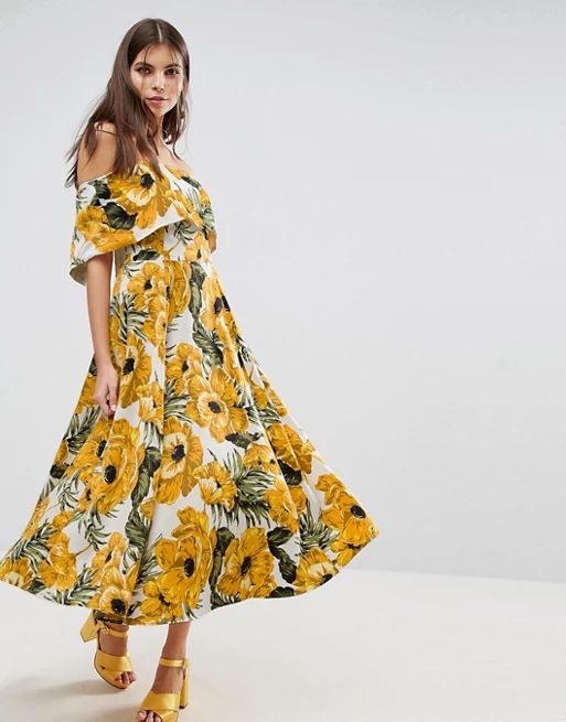 ASOS Golden Floral Bardot Midi Dress | ASOS US