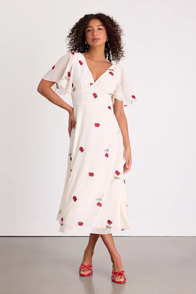 Jolina White Embroidered Swiss Dot Flutter Sleeve Midi Dress | Lulus