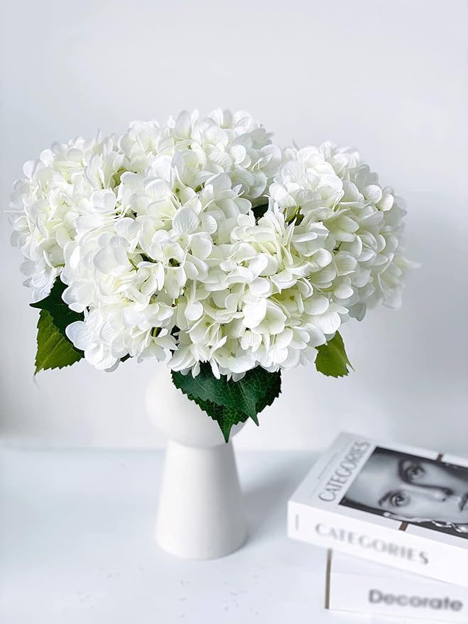 YalzoneMet White 5 Pcs White Artificial Hydrangea Silk Flowers Natural Faux 18 inches Long Stem F... | Amazon (US)