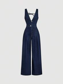 Sweetra Commuter Casual Decorative Button Deep V-Neck Denim Jumpsuit With Wide Leg | SHEIN