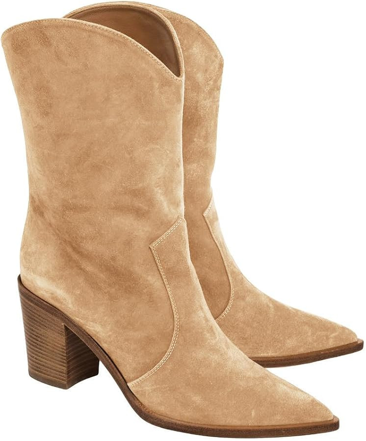 Coutgo Womens Cowboy Mid Calf Boots Chunky Block Heel Pointed Toe Suede Western Cowgirl Boots | Amazon (US)