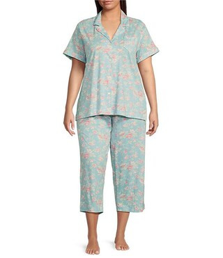 Lauren Ralph Lauren Plus Size Blue Floral Short Sleeve Notch Collar Knit Cropped Pajama Set | Dil... | Dillard's