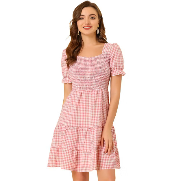 Allegra K Women's Plaid Puff Sleeve Sweetheart Neck Ruffled Hem Smocked Tiered Dress | Target