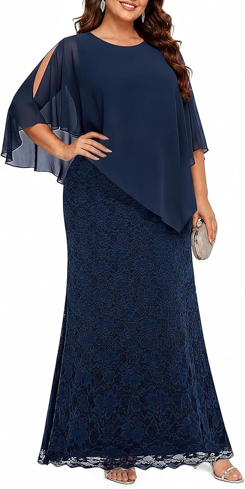 Pinup Fashion Plus Formal Evening Gown Chiffon Cape Lace Mermaid Long Dress | Amazon (US)