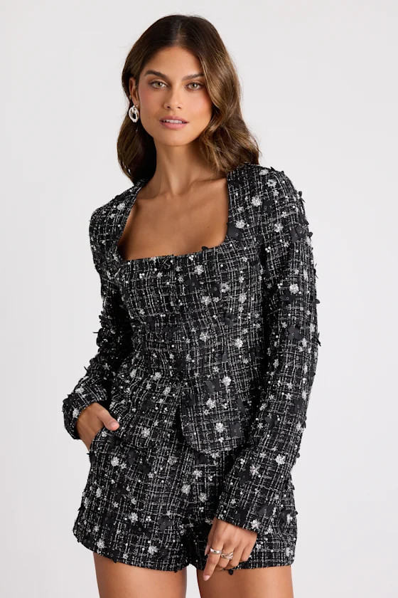 Marcie Black Tweed Lurex Sequin Applique Blazer | Lulus