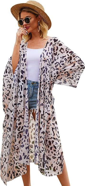 Hibluco Women's Casual Printed Kimono Cover Up Cardigan Sheer Tops Loose Blouse | Amazon (US)