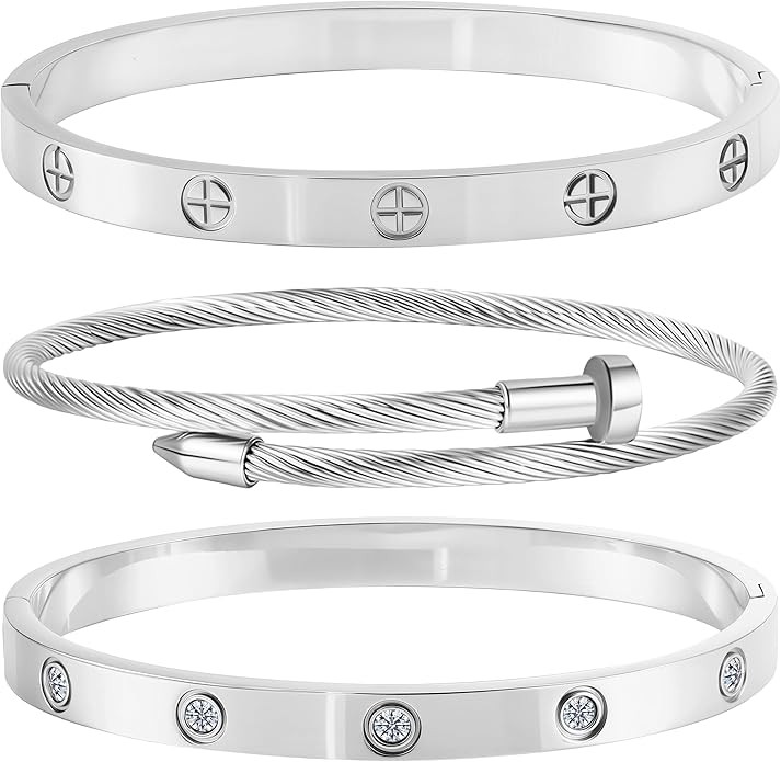 Camhanno Stackable Silver Bracelets for Women Stainless Steel Love & Friendship Bangle, Mothers D... | Amazon (US)