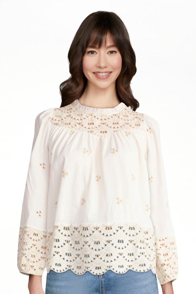 Time and Tru Women's Cotton Eyelet Blouse with Long Sleeves, Sizes XS-XXXL | Walmart (US)