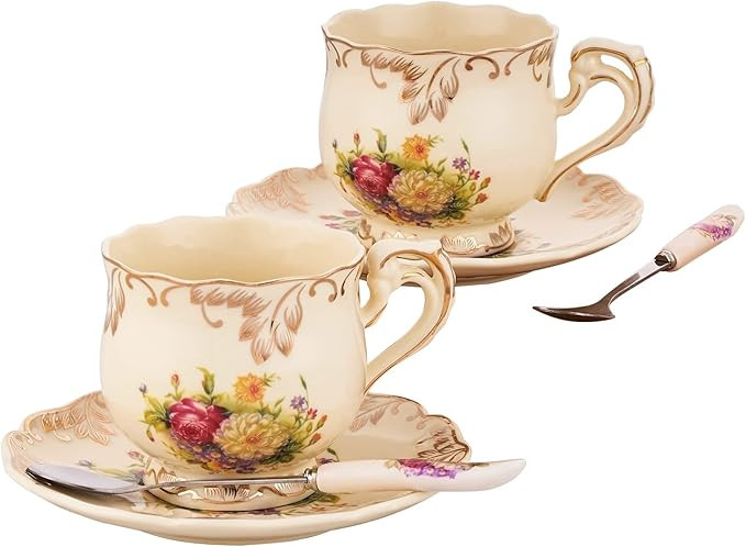 European Porcelain Tea Cups and Saucers Set, Vintage Floral Tea Cups Set, Ivory Gold Trim Floral ... | Amazon (US)