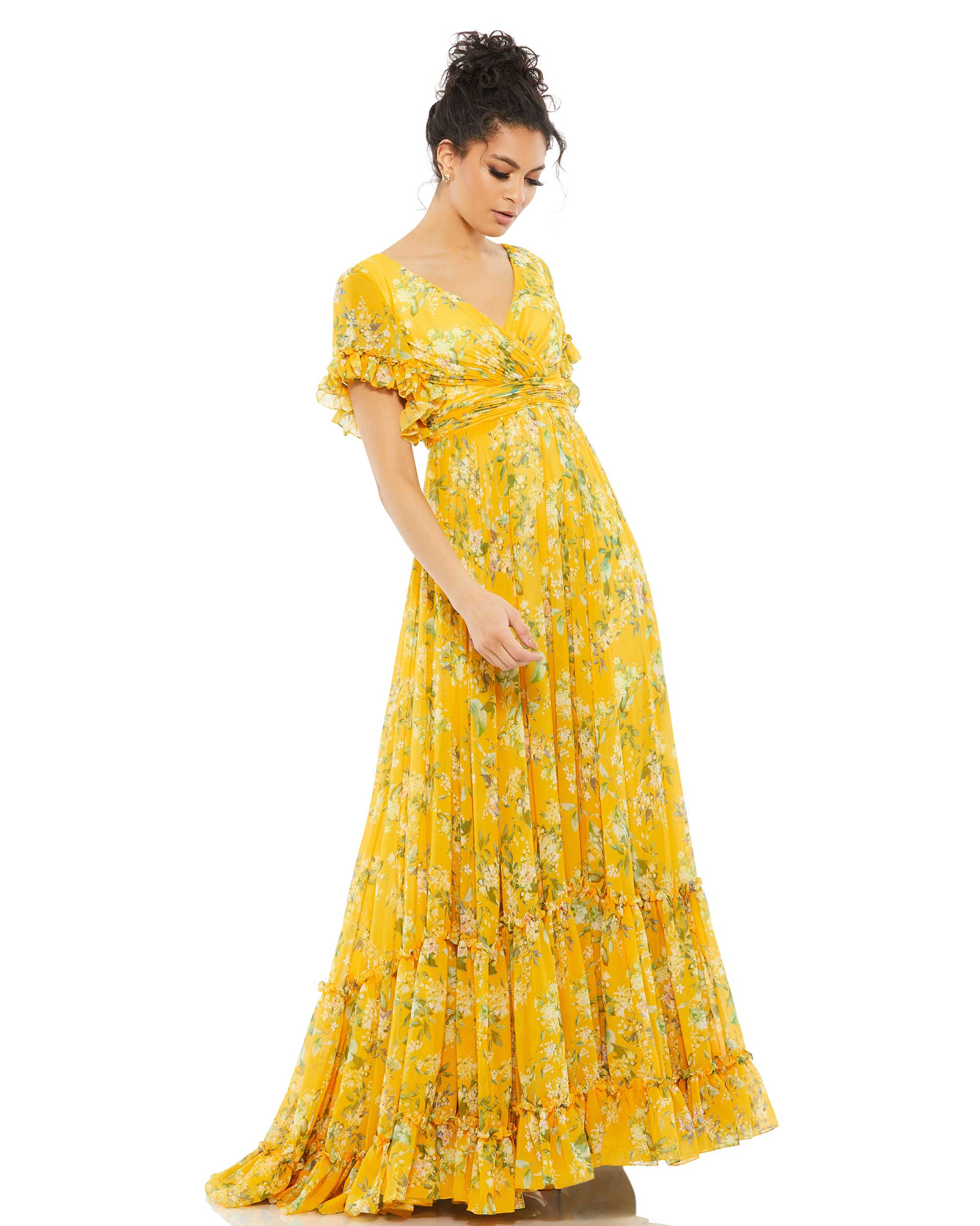 Flounce Sleeve Floral Maxi Dress | Mac Duggal