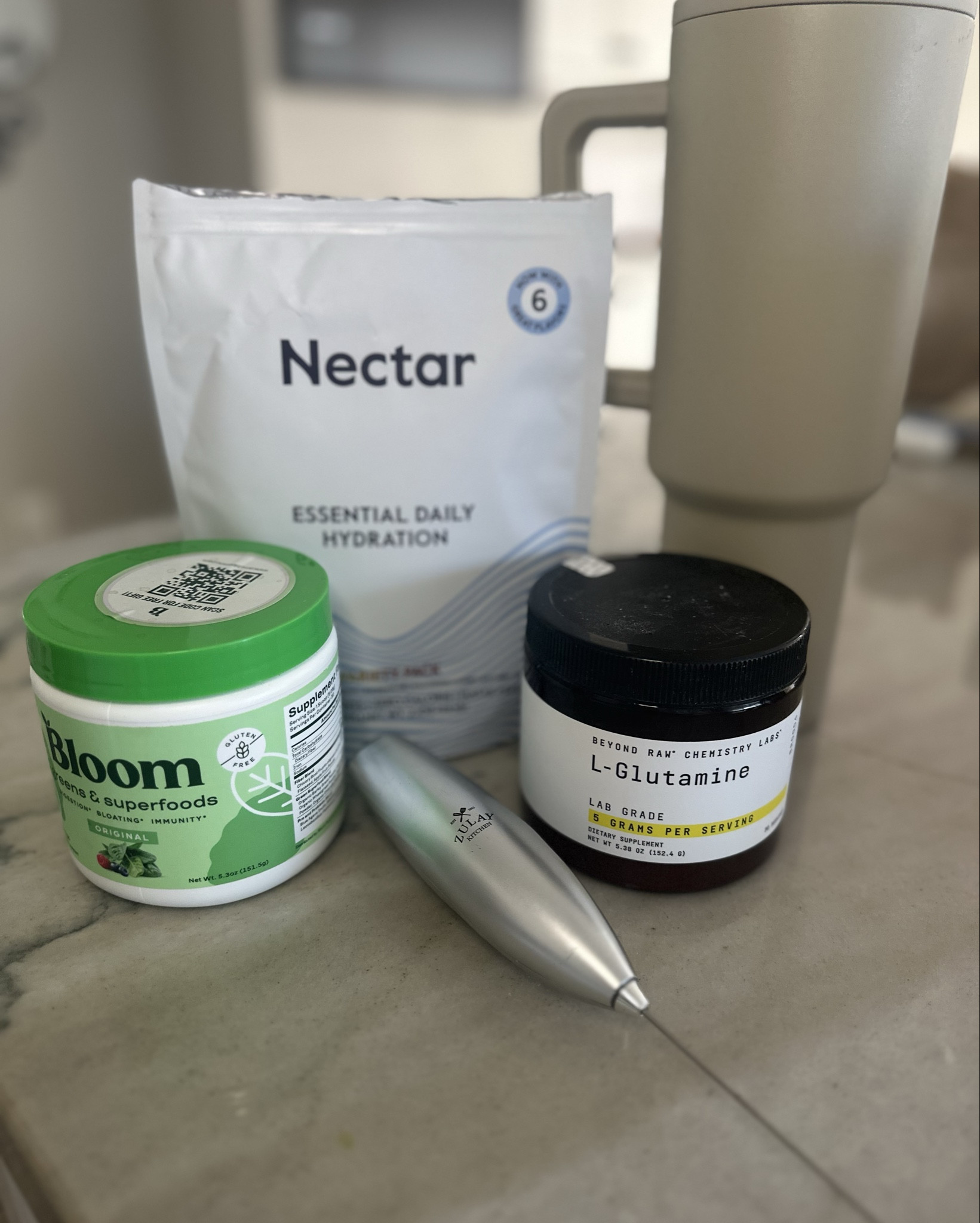 Daily hydration: low sodium, no sugar or calories electrolyte powder (my favorite is the cherry pomegranate flavor), superfood greens that doesn’t taste disgusting, l-glumatmine for workout days (half a scoop to help with muscle recovery). Blend it up with about 6 ounces of water then add ice and more water!

#LTKHome #LTKActive #LTKFitness