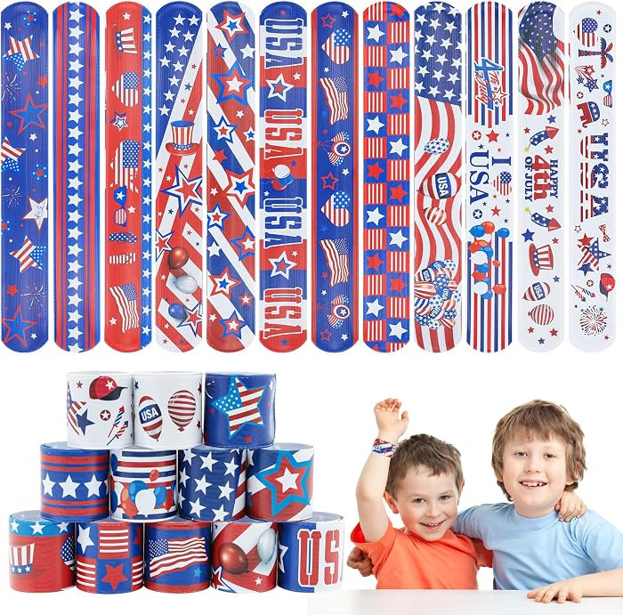 4th of July Party Favors Slap Bracelets for Kids 36PCS Red White and Blue American Flag Patriotic... | Amazon (US)
