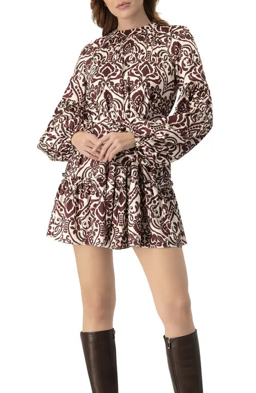 IVONNE Puff Sleeve Abstract Print Short Dress in Wine at Nordstrom, Size 4 | Nordstrom