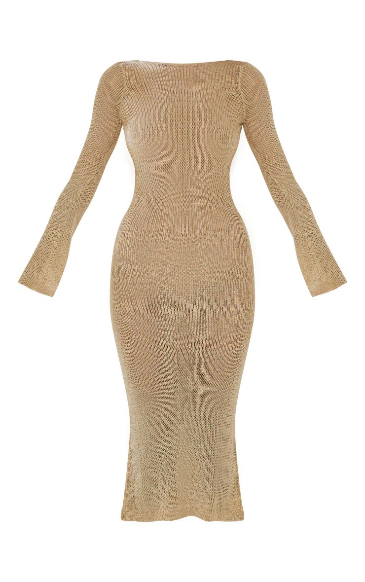 Gold Glitter Filagree Knit Open Back Maxi Dress | PrettyLittleThing US
