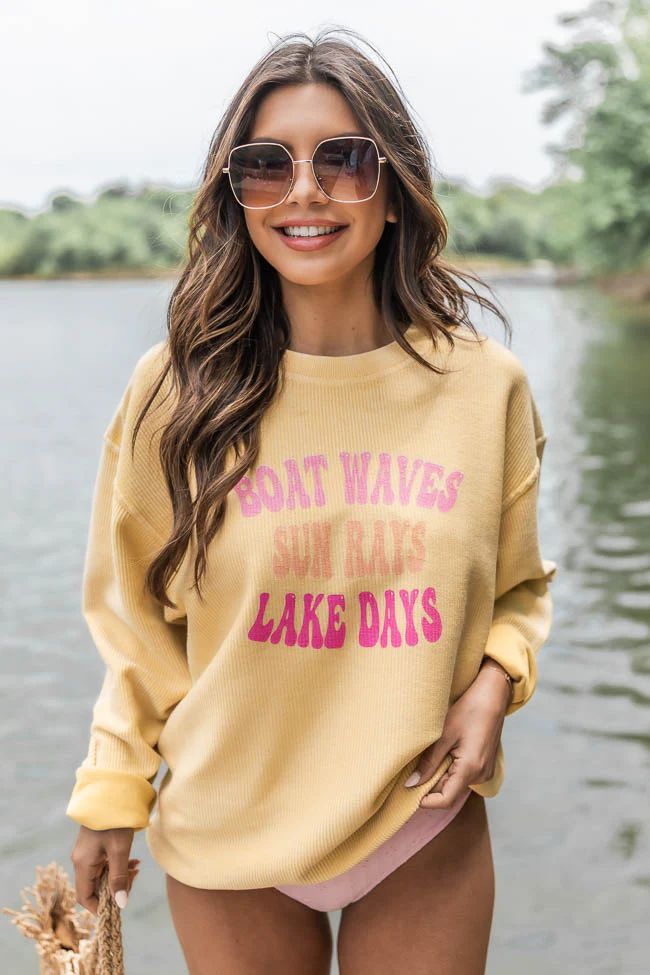 Boat Waves Sun Rays Lake Days Gold Corded Graphic Sweatshirt | Pink Lily