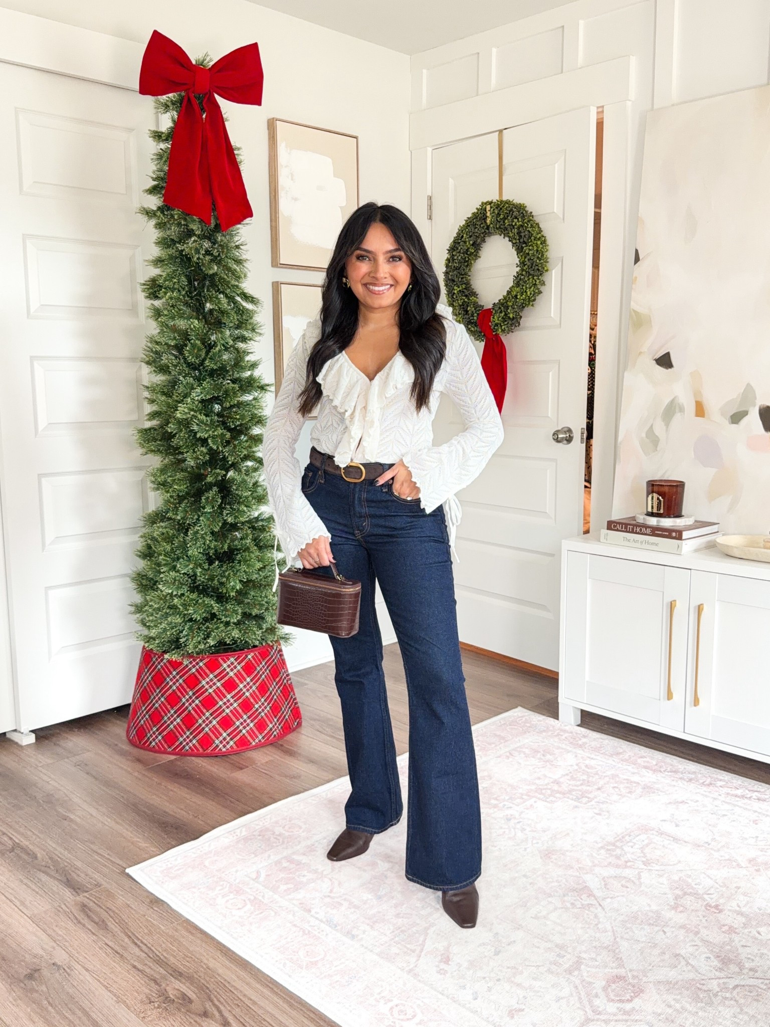 White ruffle tie cuff top size xs petite TTS
Dark rinse mid rise bootcut jeans size 26 short TTS
Dark brown belt size 27-31” TTS
Dark brown leather boots size 5.5 TTS


#LTKGiftGuide #LTKHoliday #LTKPetite