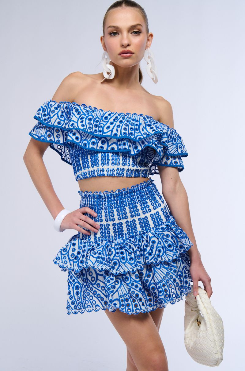 SUMMER LOVING TIERED RUFFLE MINI SKIRT IN BLUE | AKIRA