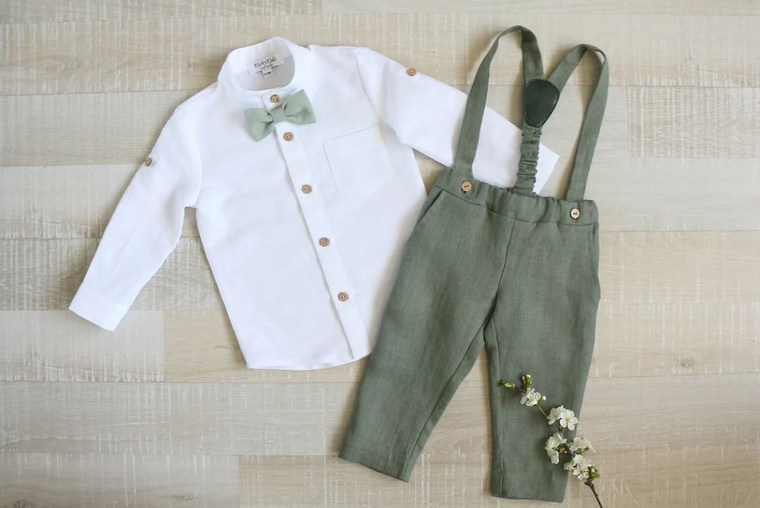 Page boy sage green suit set, Baby linen carrier pants, toddler shirt, baptism suspender outfit | Etsy (US)
