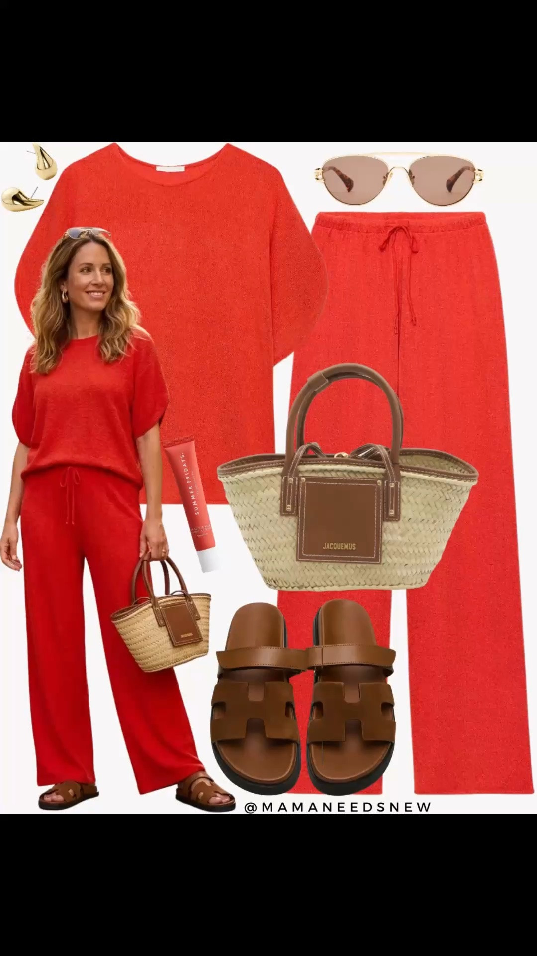 A spring to summer outfit with matching set, footbed slide sandals and raffia tote bag ❤️