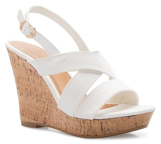 OLIVIA K Women's Open Toe T-Straps Strappy High Wedge Heel Wood Decoration Buckle Shoes Sandals | Amazon (US)