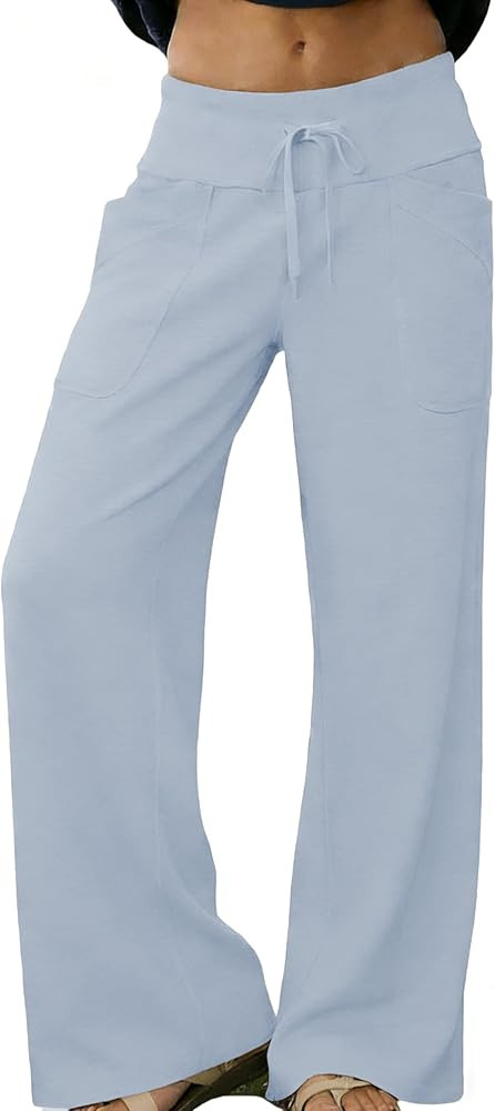 Women's Lounge Pants High Waisted Wide Leg Elastic Drawstring Sweatpants Palazzo Pajama Trousers | Amazon (US)