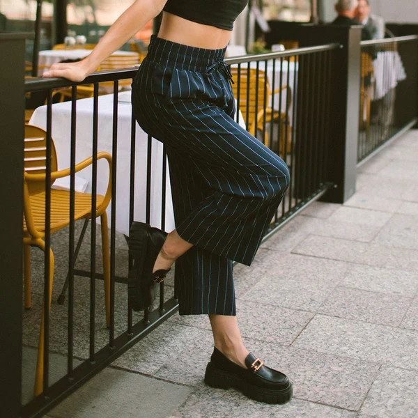 Audrey Wide Leg Pants, Navy Pinstripe | Albion Fit