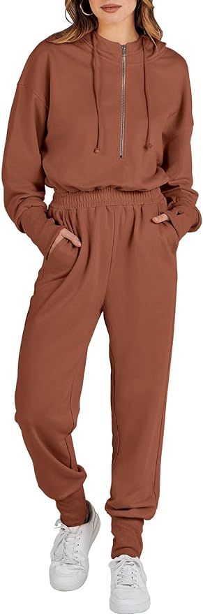 Caracilia Women's Jumpsuits Long Sleeve Zip Up Athletic Hooded Onesies Lounge Long Pants Rompers ... | Amazon (US)