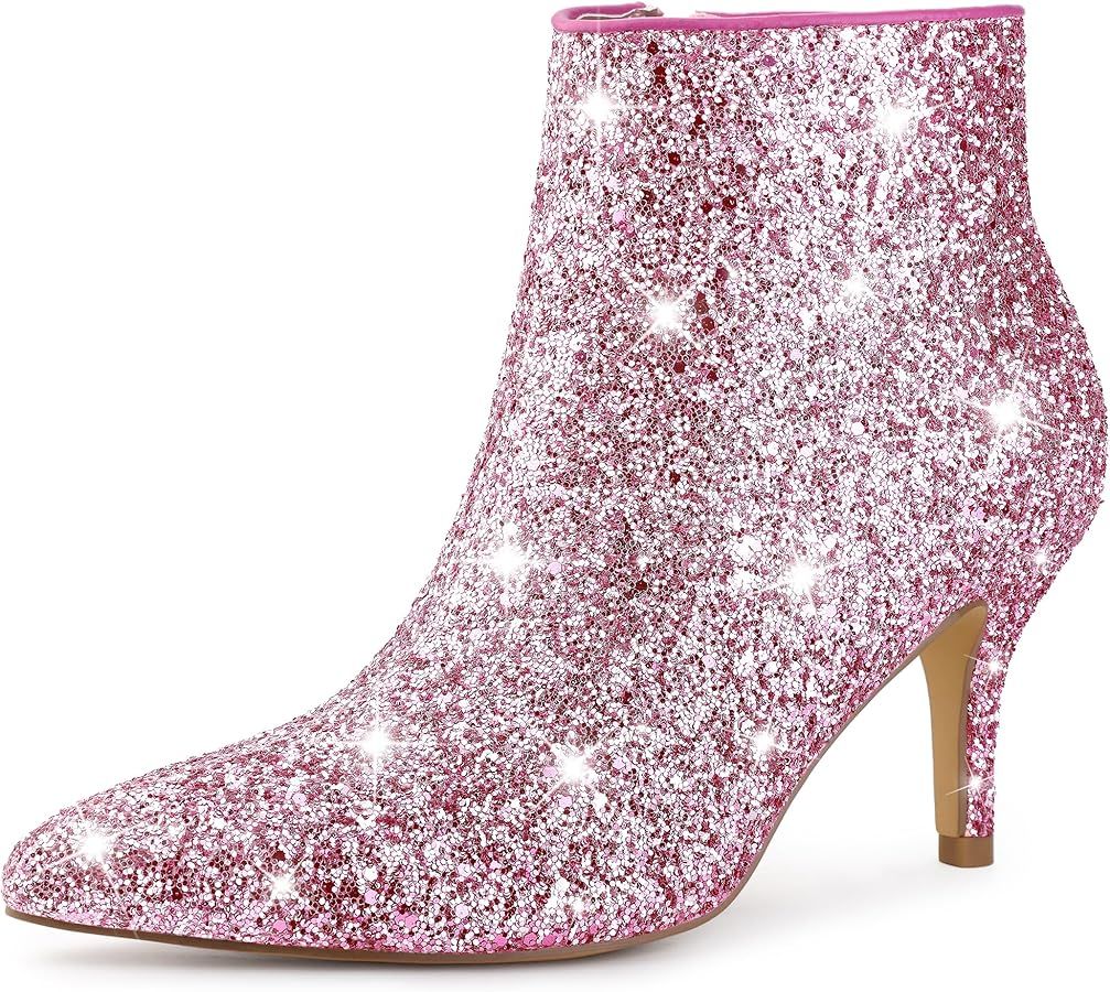 Perphy Glitter Sequin Pointed Toe Stiletto Heel Ankle Boots for Women | Amazon (US)