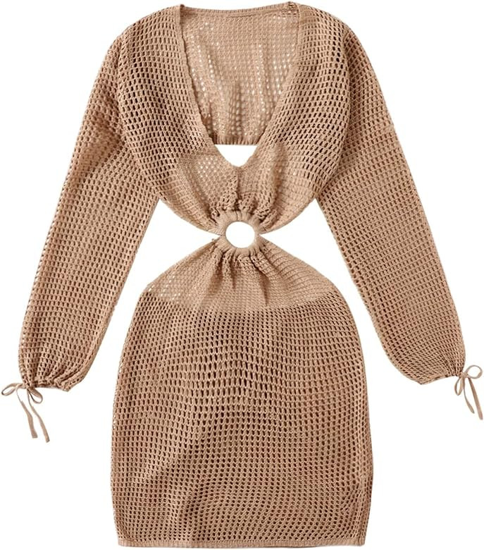 MakeMeChic Women's Crochet Cover Up Long Sleeve Knitted Swim Beach Cover Up Dress Swimwear | Amazon (US)