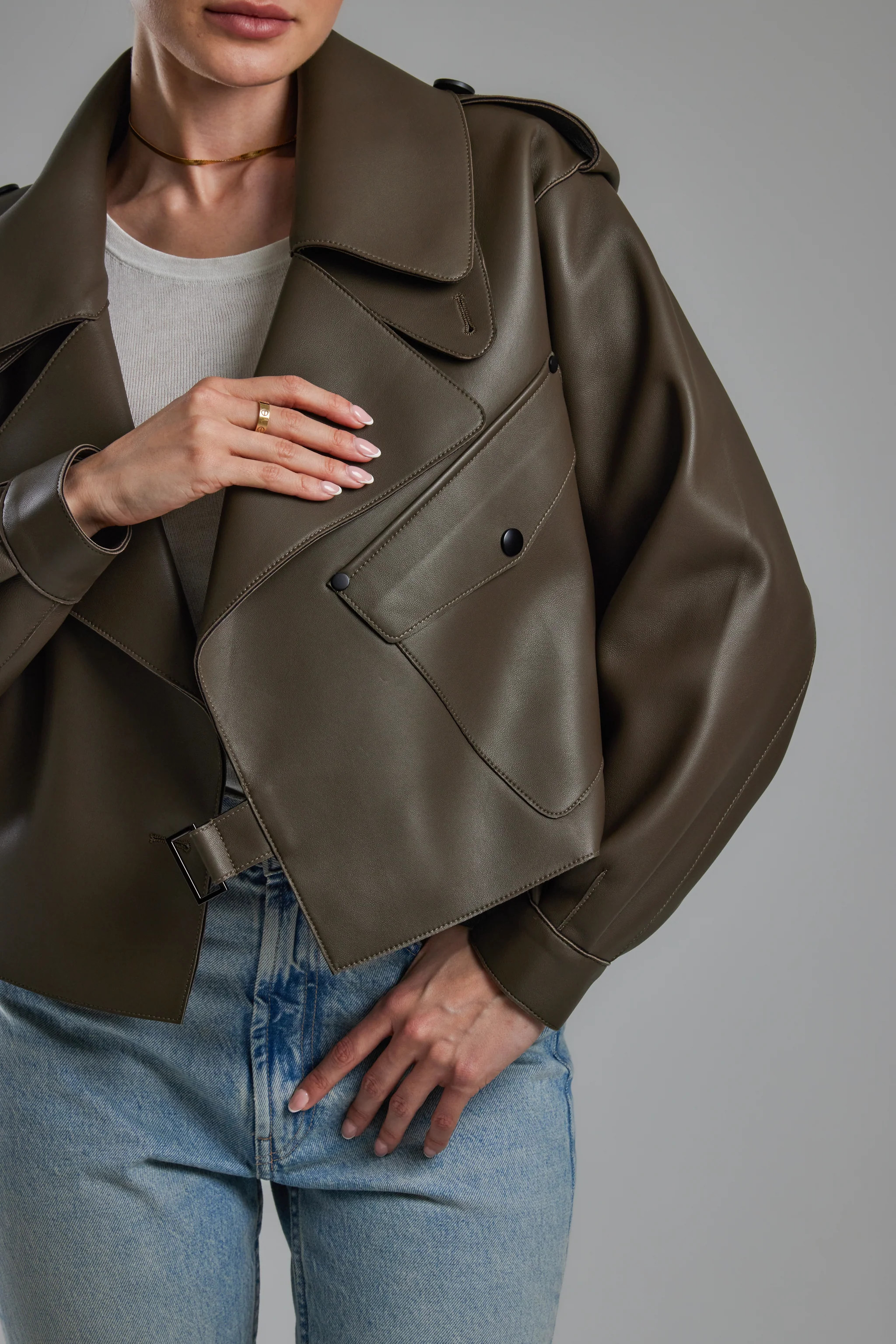 Olive Green Oversized Leather Jacket | DE SAVARY LONDON