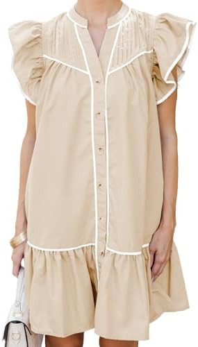 HOULENGS Women's Summer Ruffle Cap Sleeve Flowy Short Dresses Button Down V Neck A Line Babydoll ... | Amazon (US)