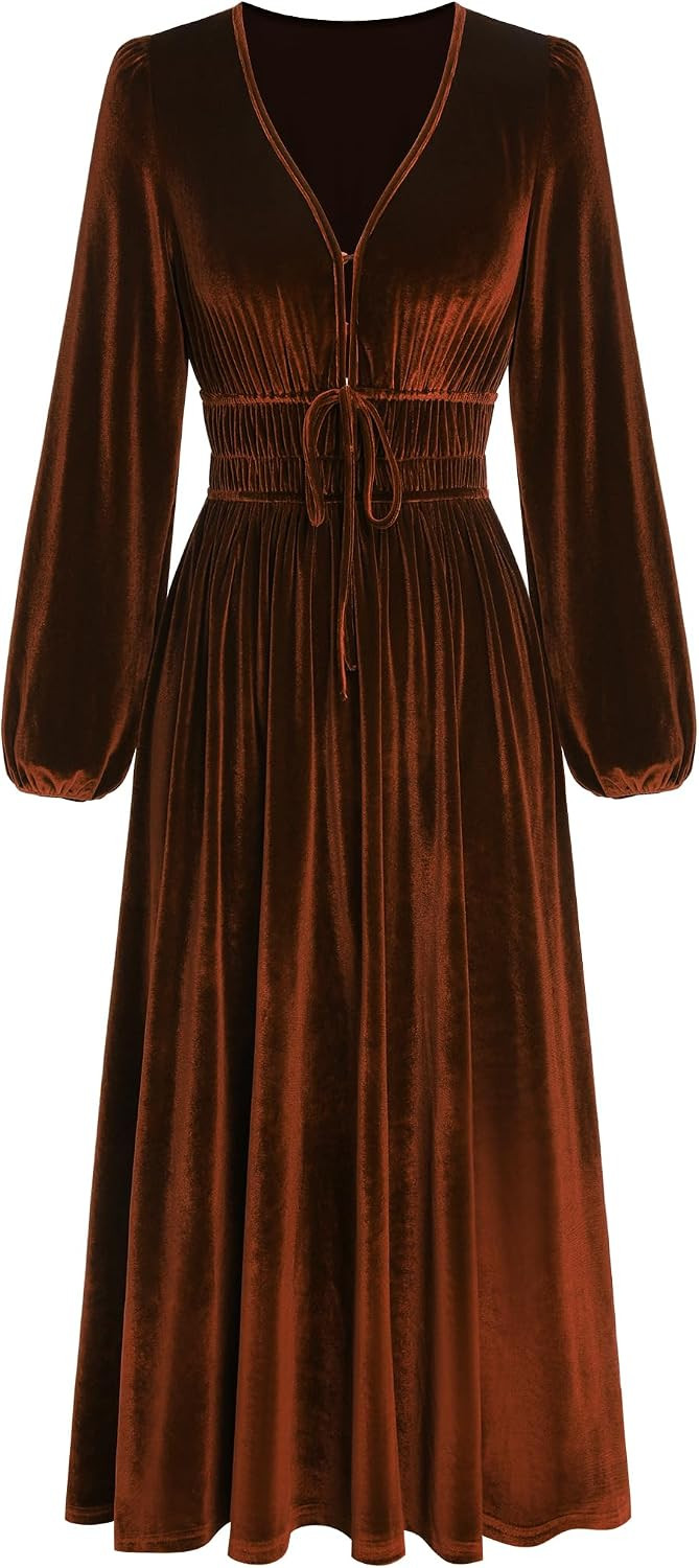 ZAFUL Women's V Neck Velvet Midi Dress Long Sleeve Formal Cocktail Dress | Amazon (US)