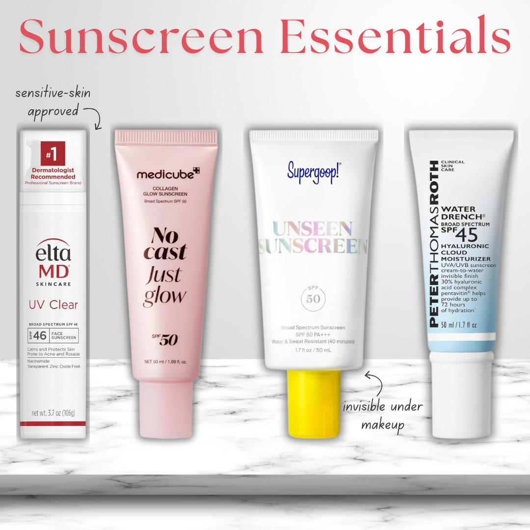 Sunscreen essentials I actually wear every single day 🌞

No white cast, no pilling, no greasy finish — these are the face SPFs I rotate depending on my skin + makeup plans.

🧴 EltaMD UV Clear SPF 46 – sensitive & acne-prone skin favorite, lightweight and calming
🧴 Medicube Collagen Glow Sunscreen SPF 50 – dewy, glowy finish with zero white cast
🧴 @Supergoop! Unseen Sunscreen SPF 50 – invisible, primer-like, flawless under makeup
🧴 Peter Thomas Roth Water Drench SPF 45 – hydration + SPF in one step

If you struggle with sunscreen texture, these are the ones that don’t feel like sunscreen. 
☀️ Tap to shop my go-to face SPFs

💛 🩷 🤍 🩵 
facial sunscreen, daily sunscreen for face, sensitive skin sunscreen, sunscreen under makeup, invisible sunscreen, broad spectrum SPF, EltaMD UV Clear, Supergoop Unseen Sunscreen, Medicube sunscreen, Peter Thomas Roth SPF 

 

#LTKselfcare #LTKmorningroutine #LTKBeauty