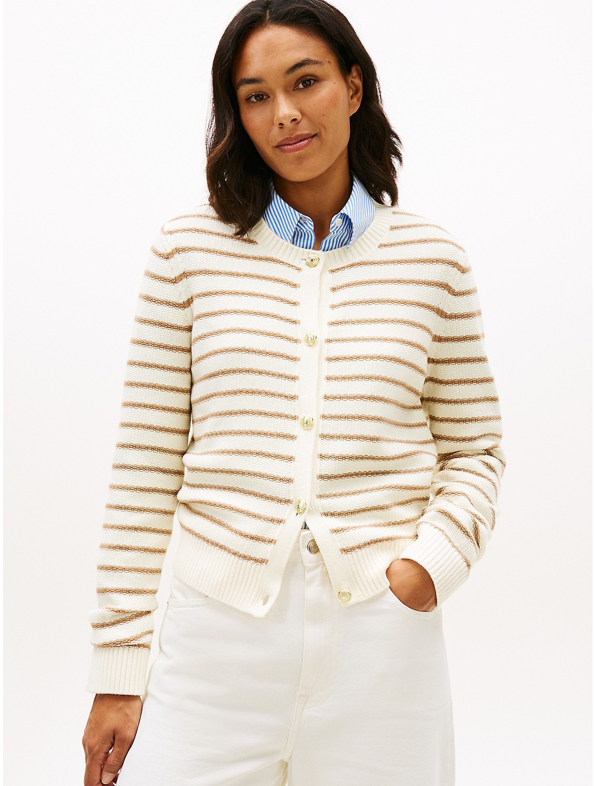 Tommy Hilfiger Women's Gold-Button Stripe Cardigan - White - S | Tommy Hilfiger (US)