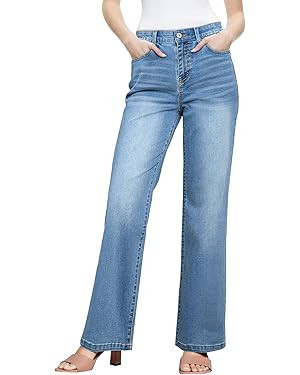 Sidefeel Women's Wide Leg Jeans High Waisted Tummy Control Stretchy Straight Leg Elastic Waist Tr... | Amazon (US)