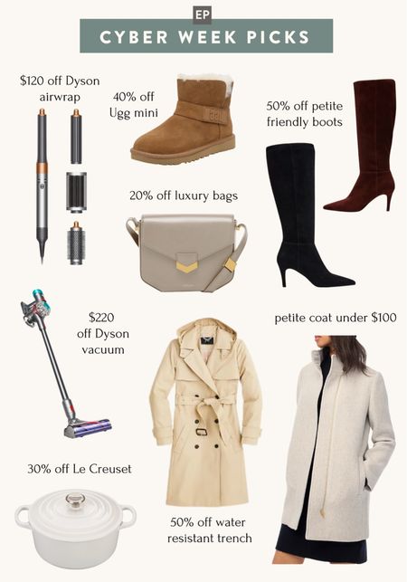 • 50% off suede boots please check the helpful measurements listed in the listing details for 3 different sizes . The size 5 is fairly petite friendly on me but calf size goes up for each size!

• 50% off jcrew water resistant trench coat with removable hoodX often excluded from sale. Lowest price I’ve seen for this 

• jcrew factory petite coats are on super sale 

• this smaller le creuset dutch oven size is great for couples or small families and you can buy a gold knob separately on Amazon if that’s your style 

• 40% off the Ugg mini boot 

• 120 off the Dyson airwrap

• 20% off demellier handbags 

Cyber Monday deals 

#LTKGiftGuide #LTKfindsunder100 #LTKCyberWeek