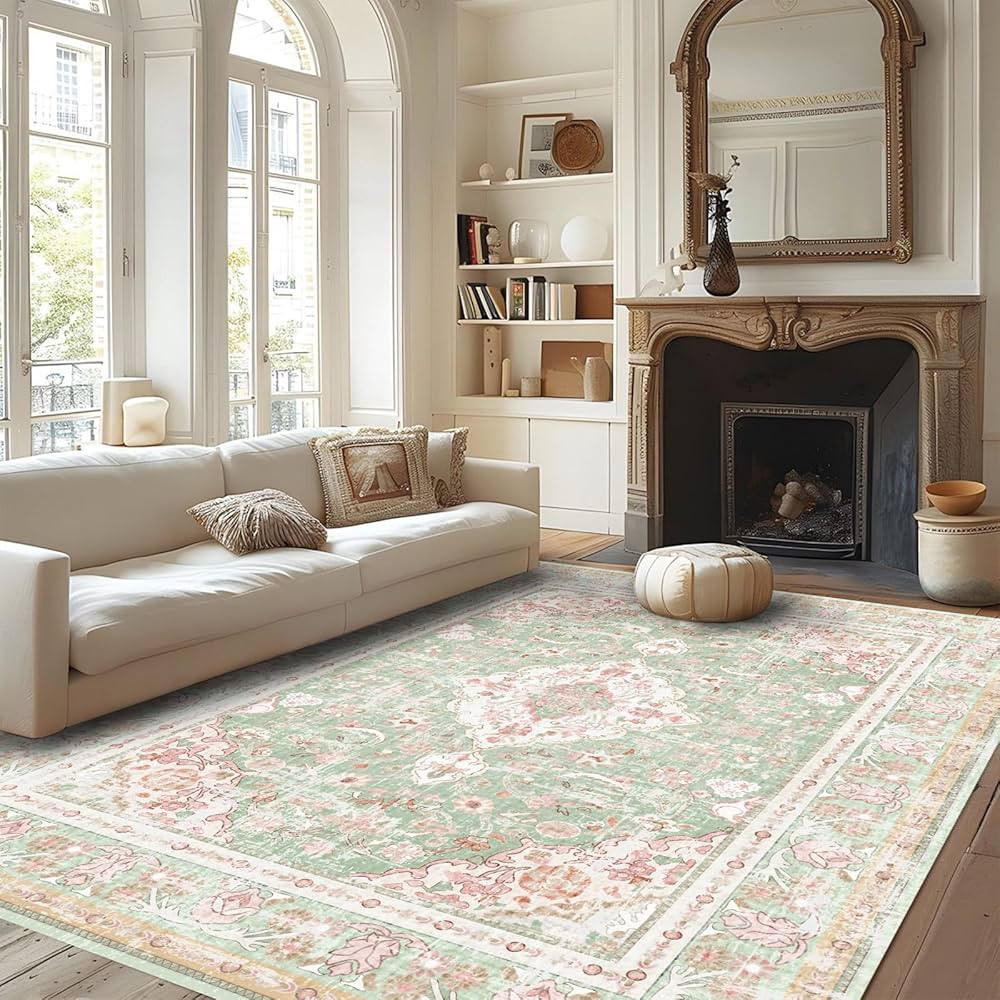 Washable Area Rugs Boho Vintage Modern Neutral Large Carpet Green and Pink High Traffic Rugs 6×9... | Amazon (US)