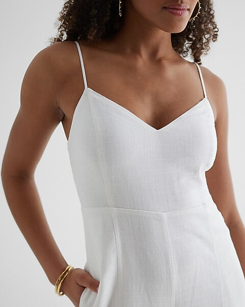 Linen-Blend V-Neck Wide Leg Jumpsuit | Express
