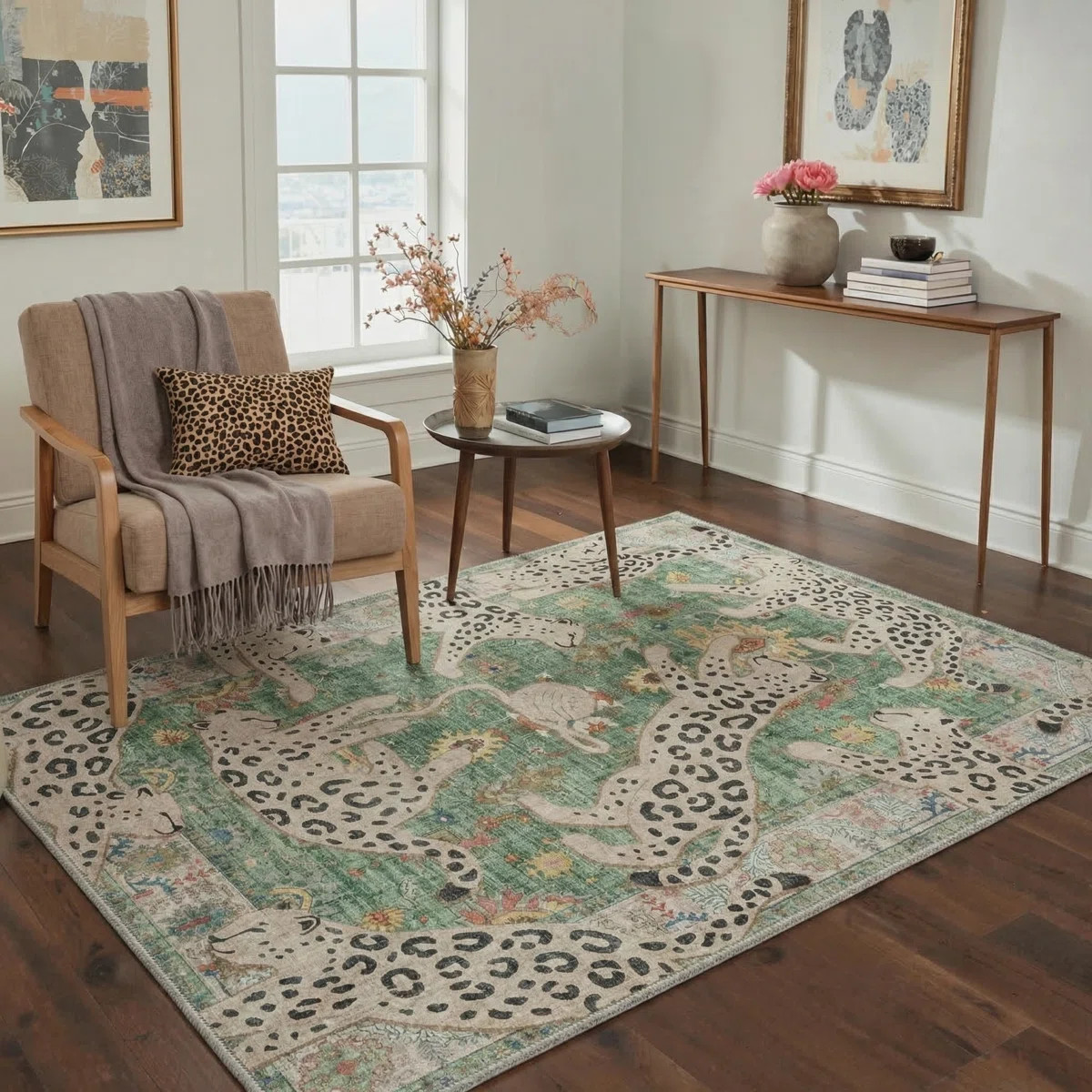 Lynx Animal Print Machine Washable Spotted Leopard / Sage Indoor Area Rug With Non-Slip Backing | Wayfair North America