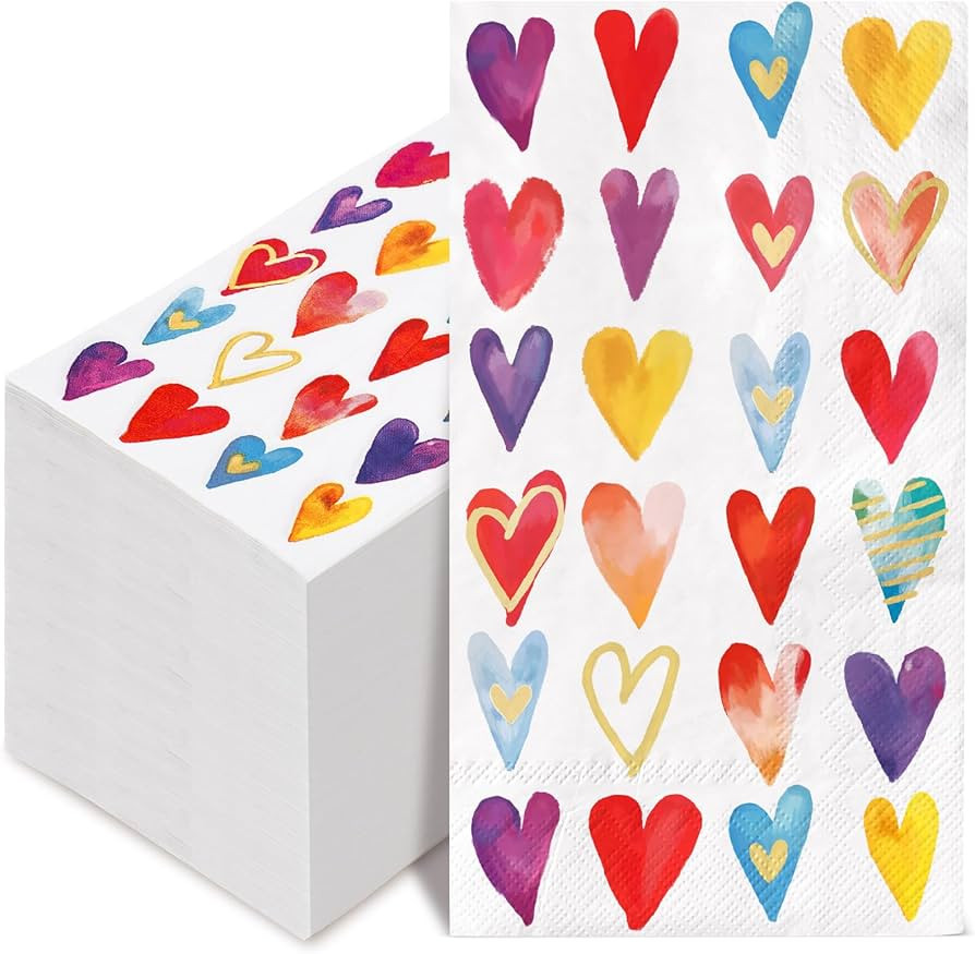 AnyDesign 100Pack Colorful Heart Guest Napkin Valentine's Day Disposable Napkins 3 Ply Watercolor... | Amazon (US)