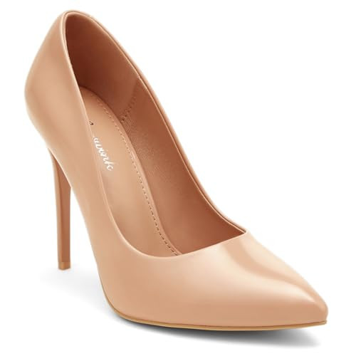 hingswink Womens Nude High Heels 4 Inch Closed Pointed Toe Pumps Stiletto Heels for Women Dress Sexy Wedding Pumps, ShinnyNude5.5 | Amazon (US)