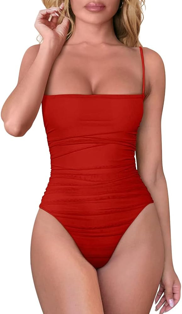BEAGIMEG Women's Sexy Bodycon Sleeveless Ruched Spaghetti Strap Square Neck Backless Bodysuits | Amazon (US)
